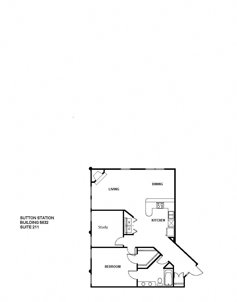 Floor plan for 1 bed, 1 bath, 1211 sqft